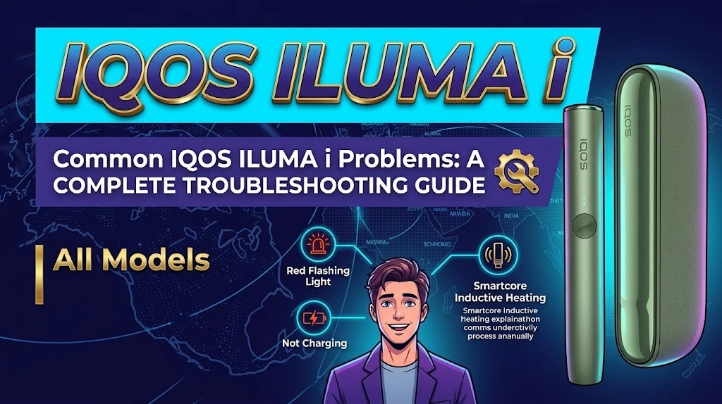 Common IQOS ILUMA i problems including red flashing light, charging issues, and device troubleshooting